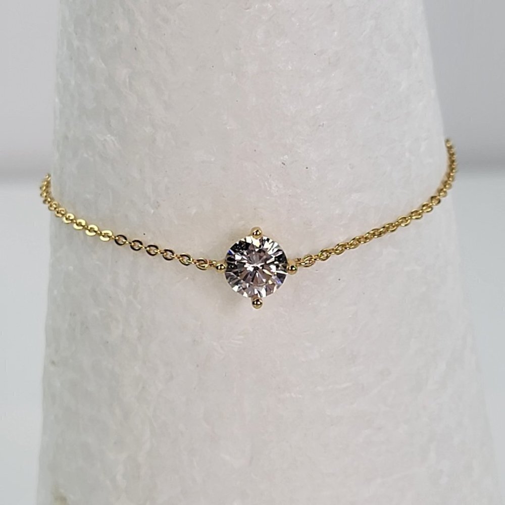 Gold Plated Sterling Silver Clear Cubic Zirconia Charm Chain Bracelet 7.5"